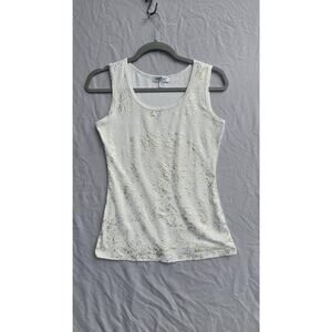 Once & Again Tank Top Womens Small White Gold Glitter Scoop Neck Stretch Jersey